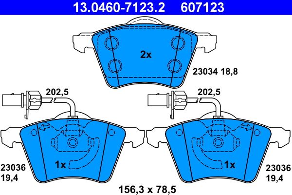 ATE 13.0460-7123.2 Bremsbeläge für VW 7D0698151A inkl. Warnkontakt 156x79x19mm