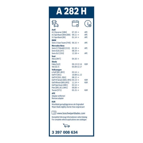 Bosch 3 397 008 634 Wischblatt Hinten für Mercedes Benz Mercedes Benz Skoda VW