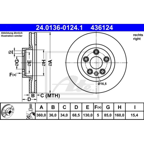 1 X ATE Bremsscheibe 24.0136-0124.1
