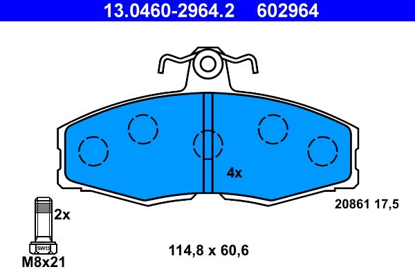 ATE 13.0460-2964.2 Bremsbeläge für Skoda 6U0698151 inkl. Schrauben 115x61x18mm