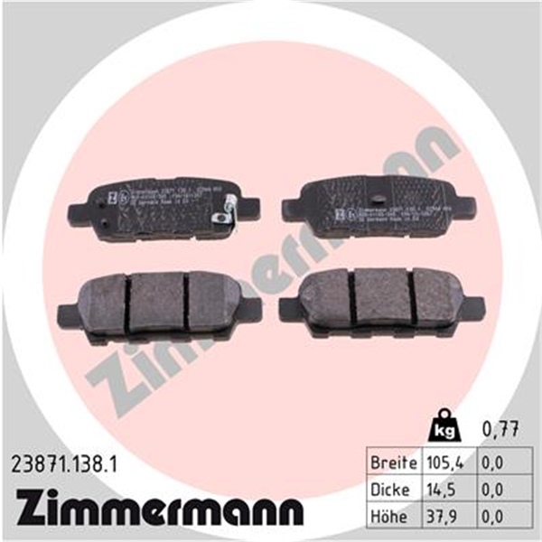 Zimmermann Bremsscheiben + Beläge hinten für NISSAN Juke F15 Pulsar