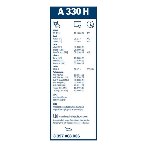 Bosch 3 397 008 006 Wischblatt Hinten für Skoda VW
