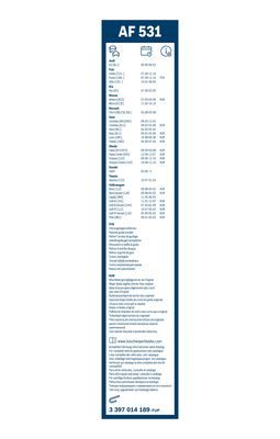 BOSCH Wischblattsatz AF531 3397014189 für VW JZW 998 002 E VW JZW 998 002 H